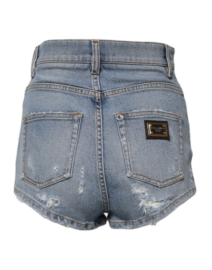 Dolce &amp; Gabbana Blue Tattered Denim Cotton Hot Pants Shorts