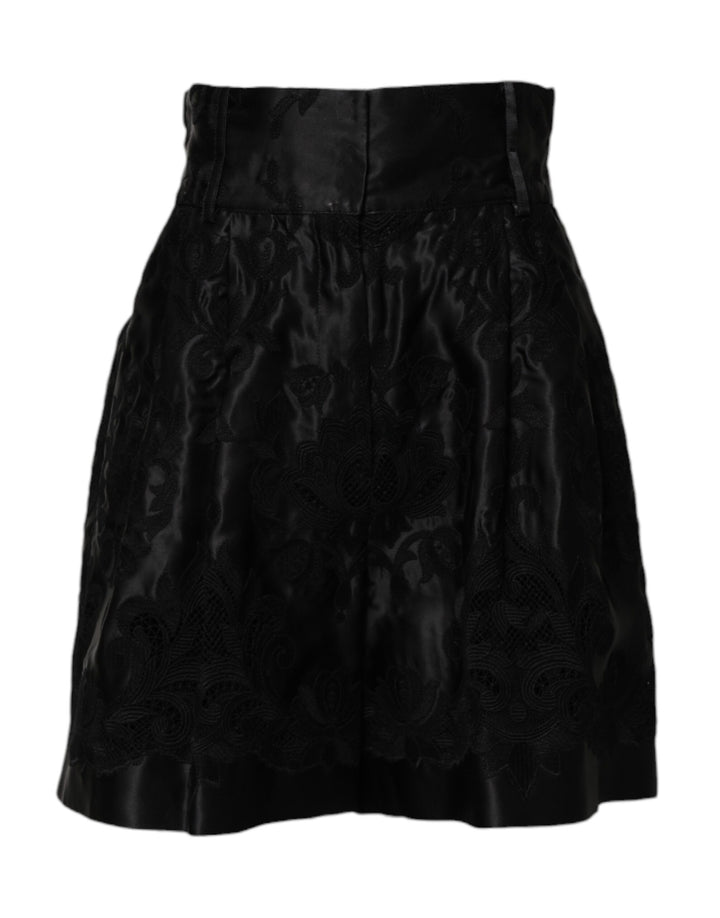 Dolce &amp; Gabbana Black Floral Embroidery Silk High Waist Shorts