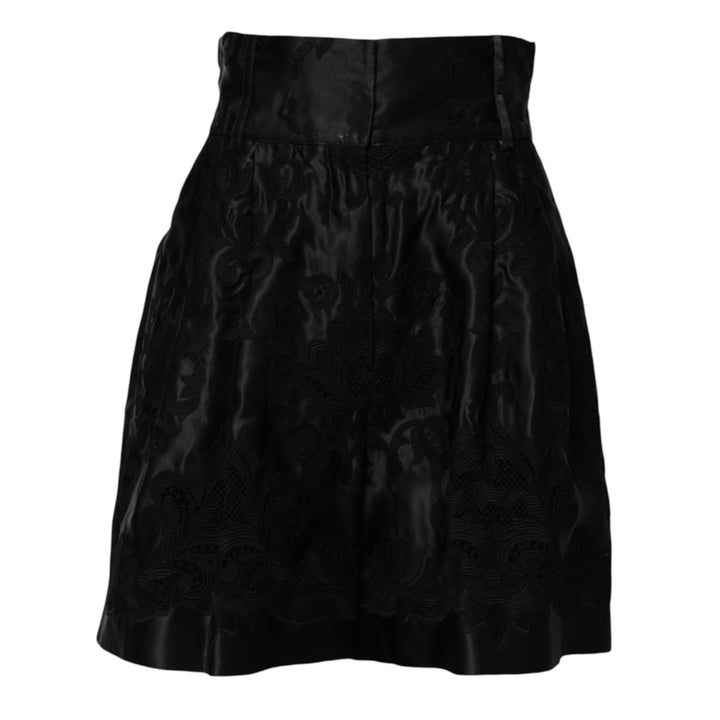 Dolce &amp; Gabbana Black Floral Embroidery Silk High Waist Shorts