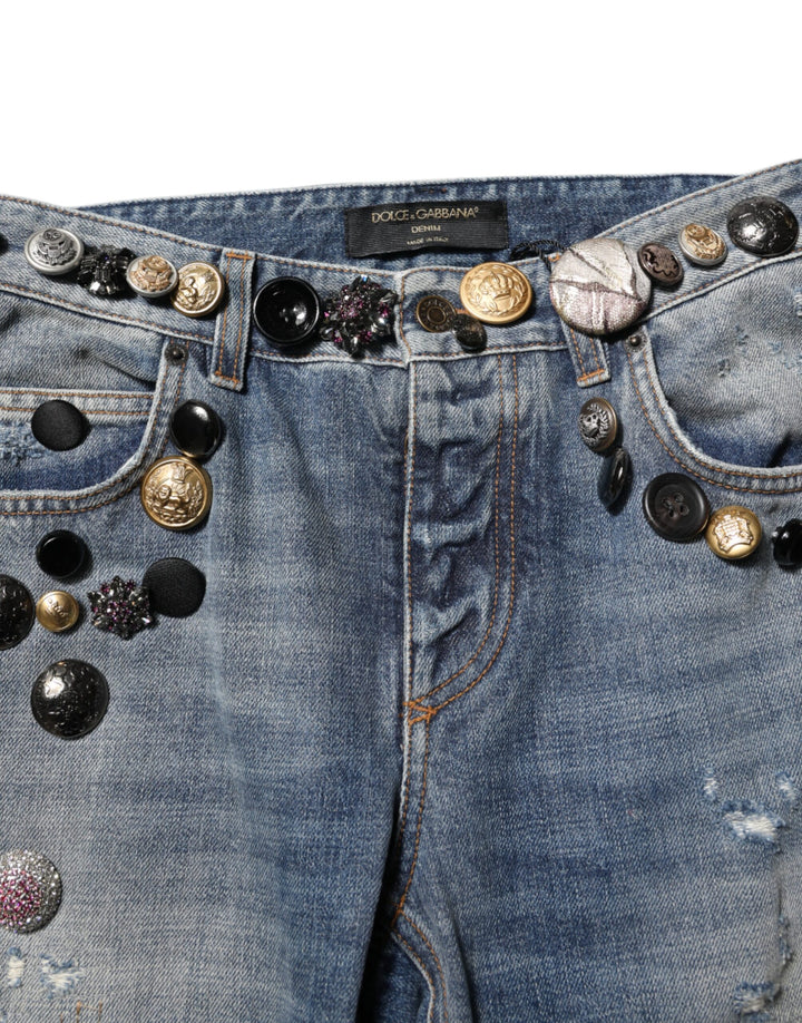 Dolce &amp; Gabbana Blue Embellished Tattered SkinnyDenim Jeans