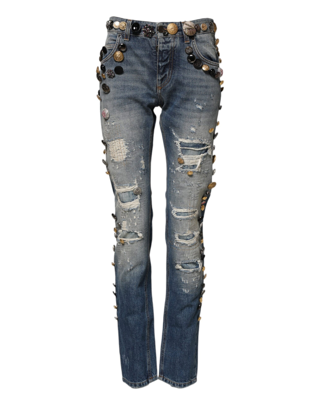 Dolce &amp; Gabbana Blue Embellished Tattered SkinnyDenim Jeans