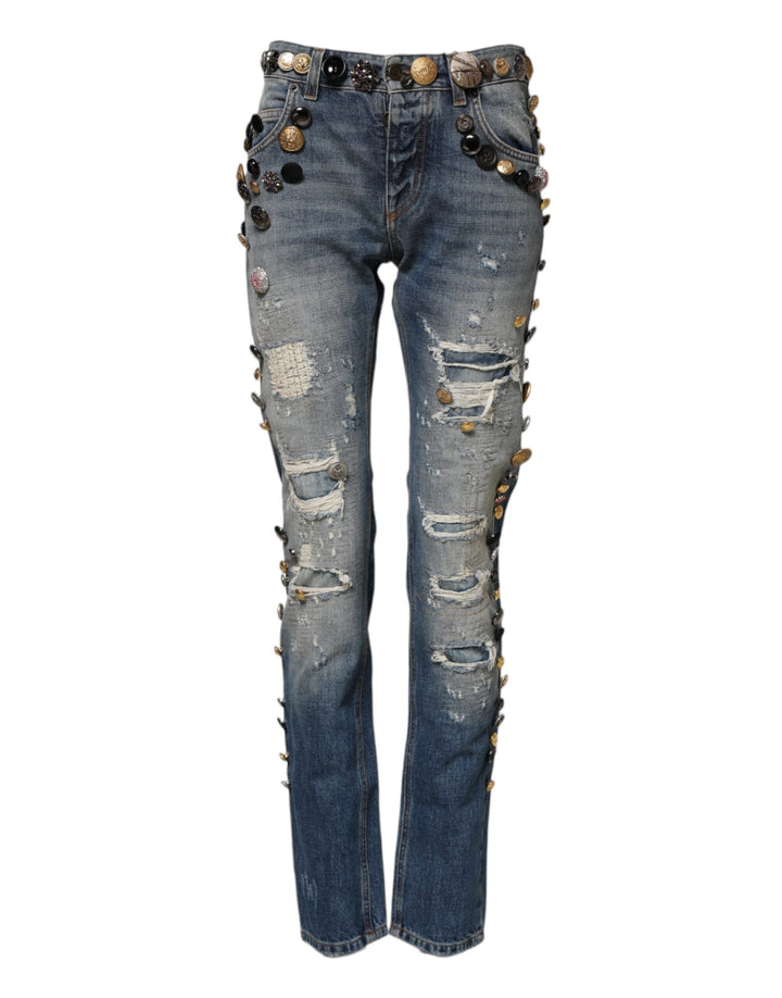 Dolce &amp; Gabbana Blue Embellished Tattered SkinnyDenim Jeans