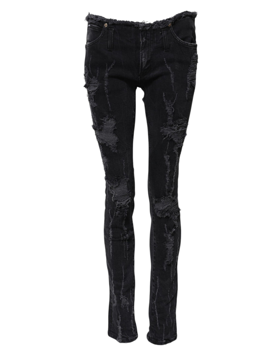 Dolce &amp; Gabbana Black Cotton Tattered Skinny Denim Jeans