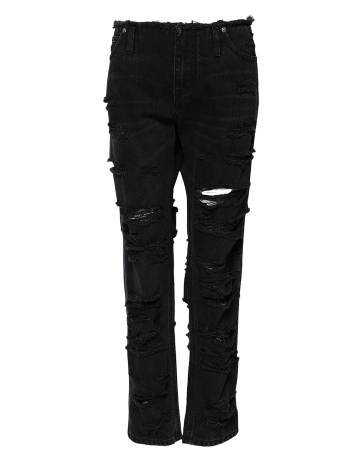 Dolce &amp; Gabbana Black Cotton Tattered Mid Waist Denim Jeans