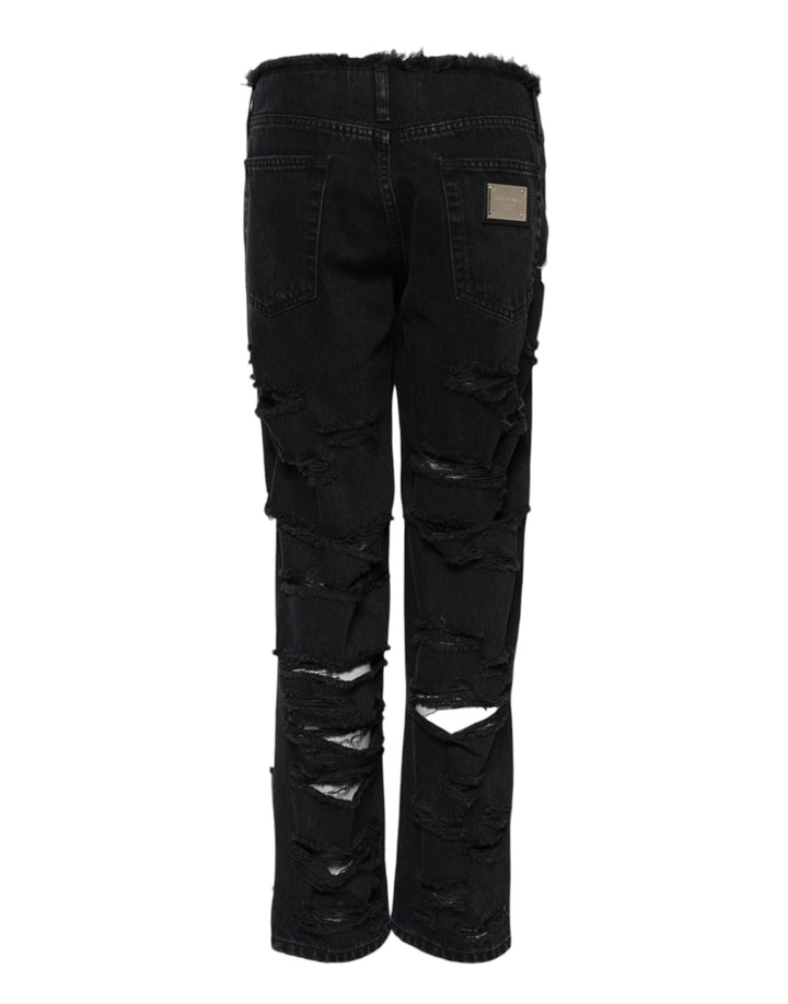 Dolce &amp; Gabbana Black Cotton Tattered Mid Waist Denim Jeans