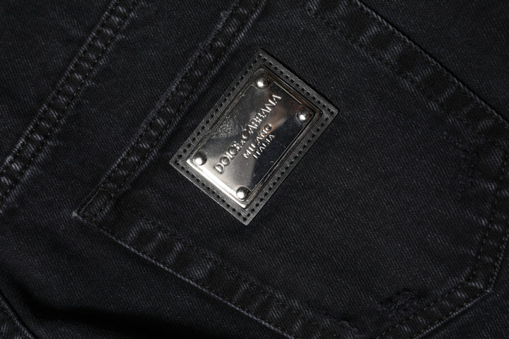 Dolce &amp; Gabbana Black Cotton Tattered Mid Waist Denim Jeans