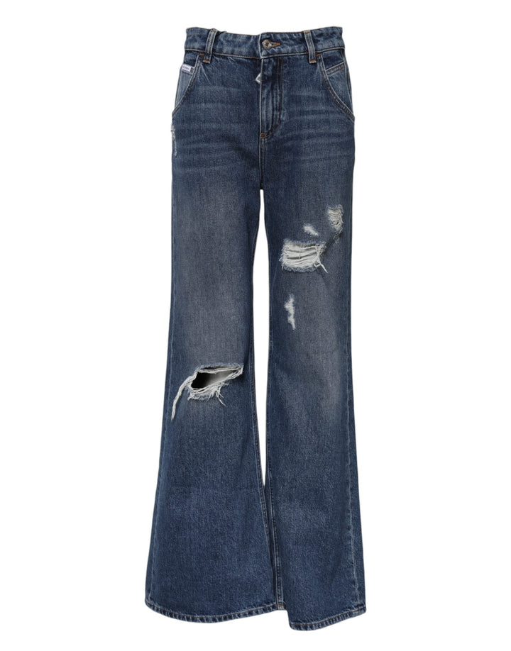Dolce &amp; Gabbana Blue Cotton Wide Leg Tattered Denim Jeans