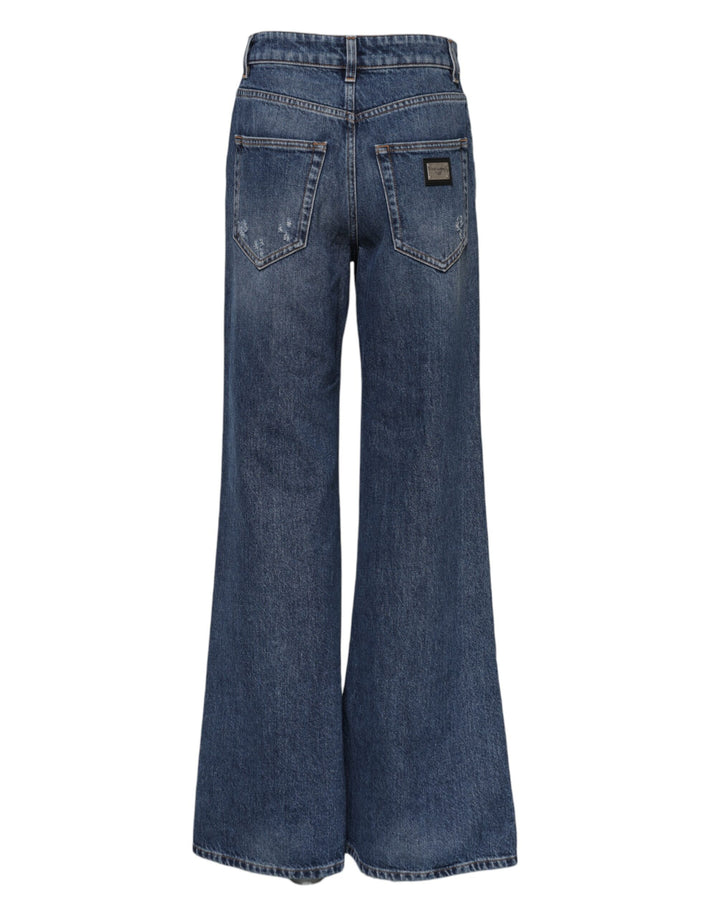 Dolce &amp; Gabbana Blue Cotton Wide Leg Tattered Denim Jeans