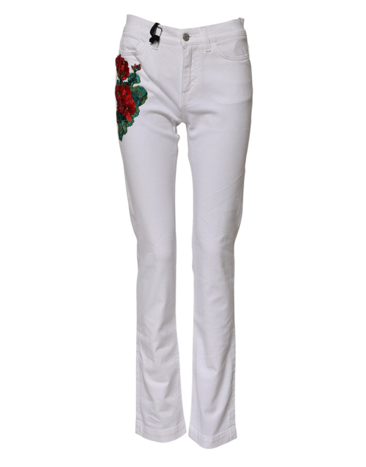 Dolce &amp; Gabbana White Floral Embroidery GIRLY Denim Jeans