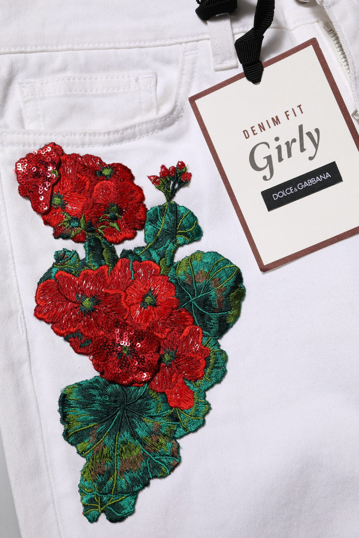 Dolce &amp; Gabbana White Floral Embroidery GIRLY Denim Jeans