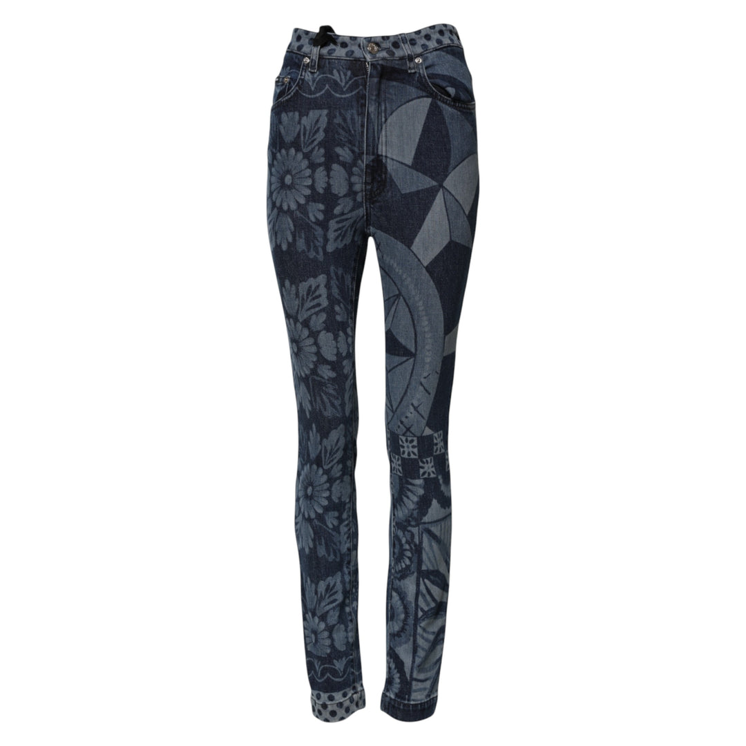Dolce &amp; Gabbana Blue Graphic Print Cotton Skinny Denim Jeans