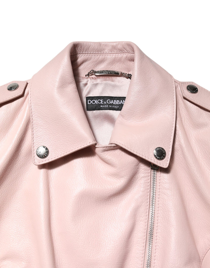 Dolce &amp; Gabbana Light Pink Collar Leather Women Biker Jacket
