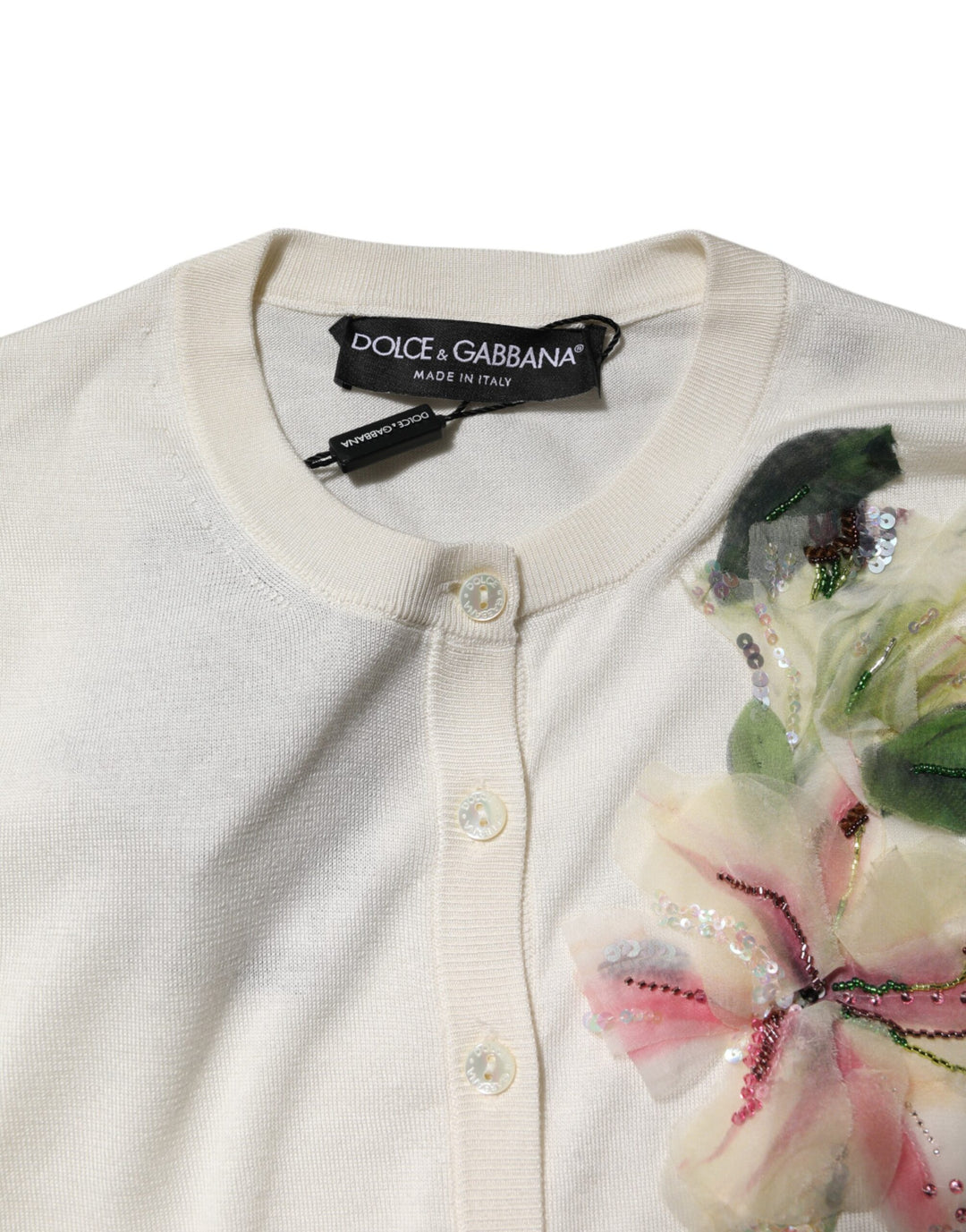 Dolce & Gabbana White Silk Lily Buttoned Cardigan Sweater
