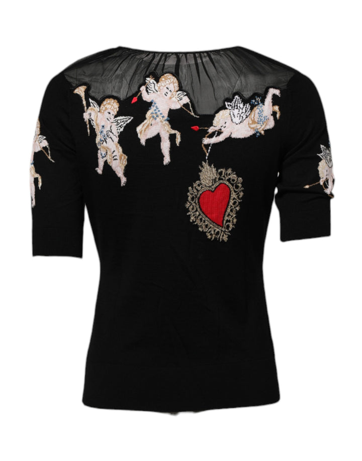 Dolce &amp; Gabbana Black Sacred Heart Embroidered Crewneck Top