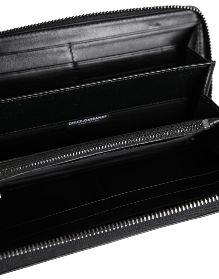 Dolce &amp; Gabbana Black Leather Logo Plaque Zip Around Continental Wallet