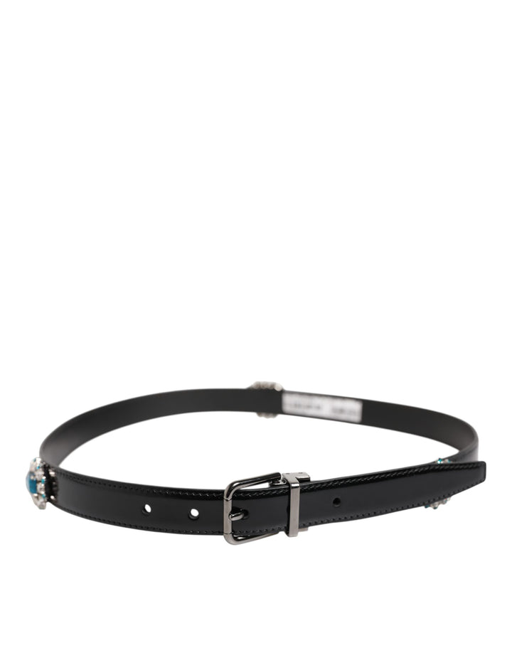 Dolce &amp; Gabbana Black Embellished Metal Logo Buckle Belt