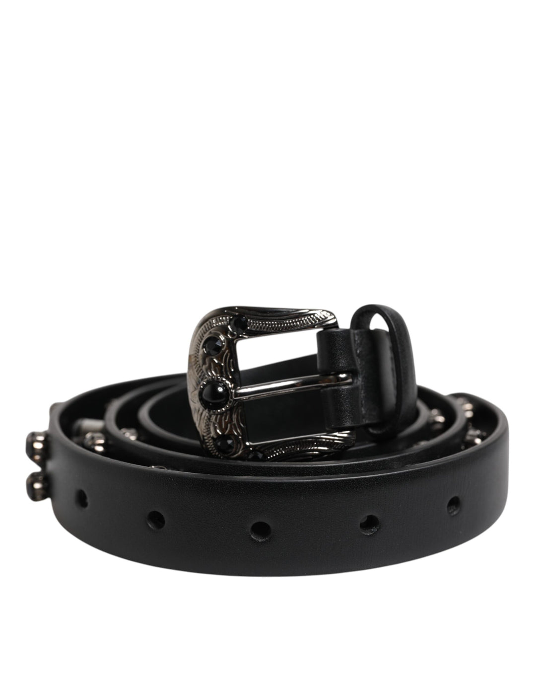 Dolce &amp; Gabbana Black Studded Leather Metal Logo Buckle Belt