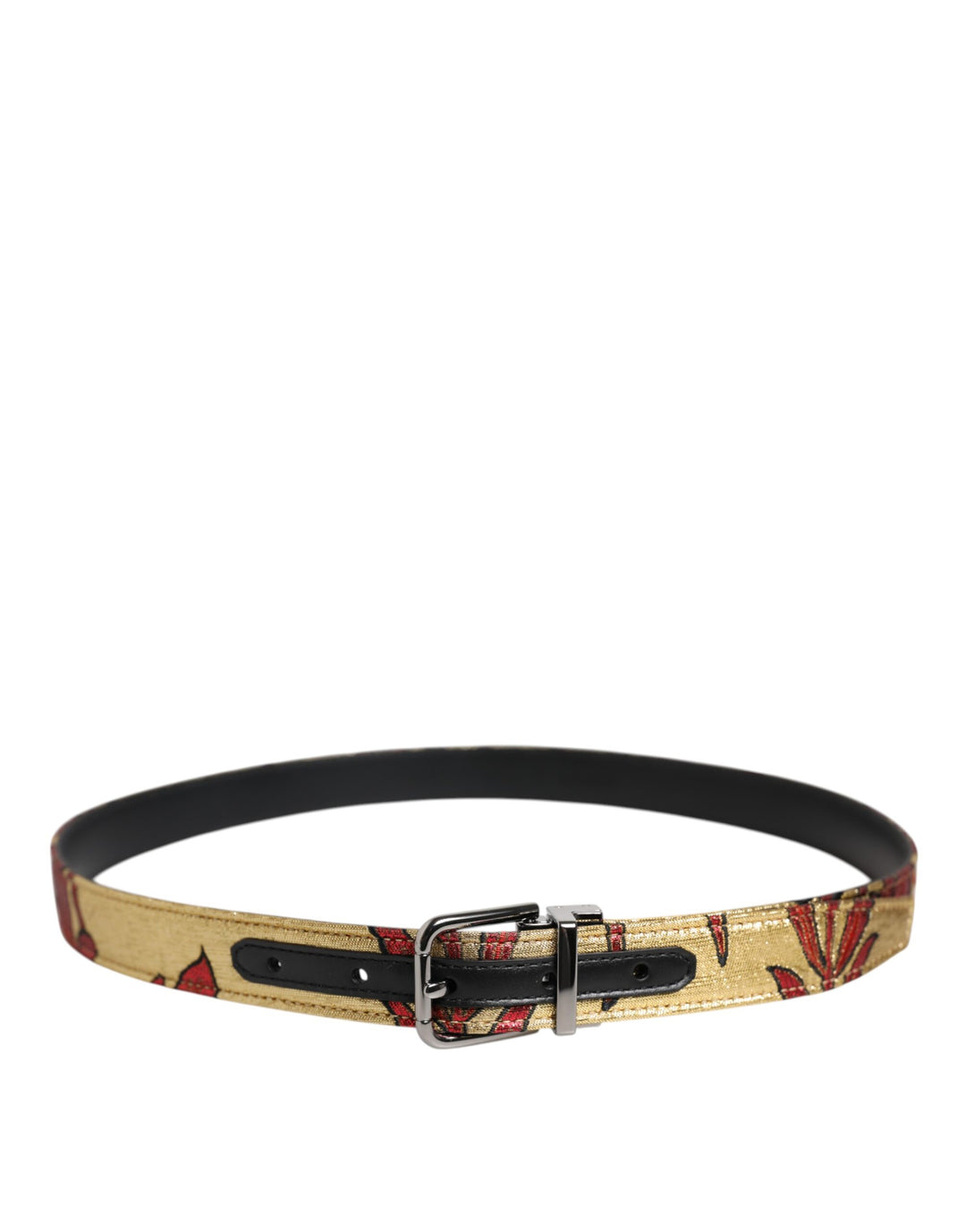 Dolce &amp; Gabbana Gold Floral Jacquard Silver Metal Buckle Belt