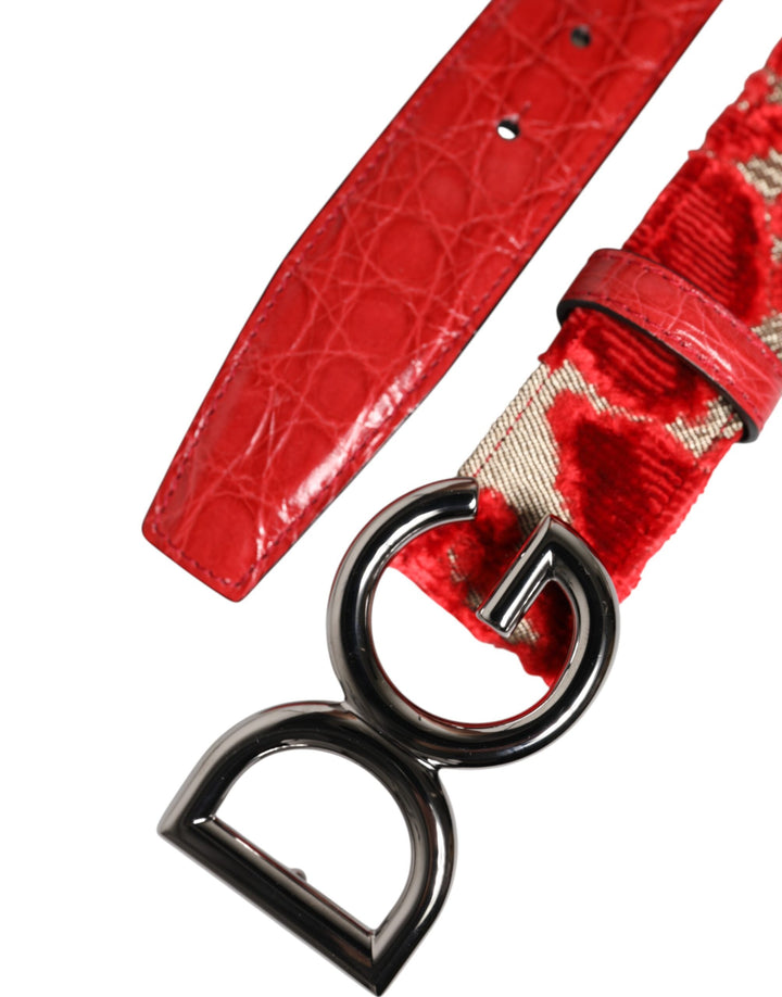 Dolce &amp; Gabbana Red Viscose Silver DG Logo Metal Buckle Belt