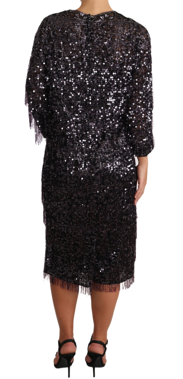 Dolce & Gabbana Black Sequined Long Sleeve Shift Midi Dress women’s dress