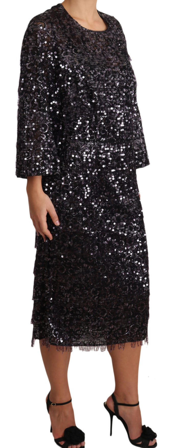 Dolce &amp; Gabbana Black Sequined Long Sleeve Shift Midi Dress women’s dress