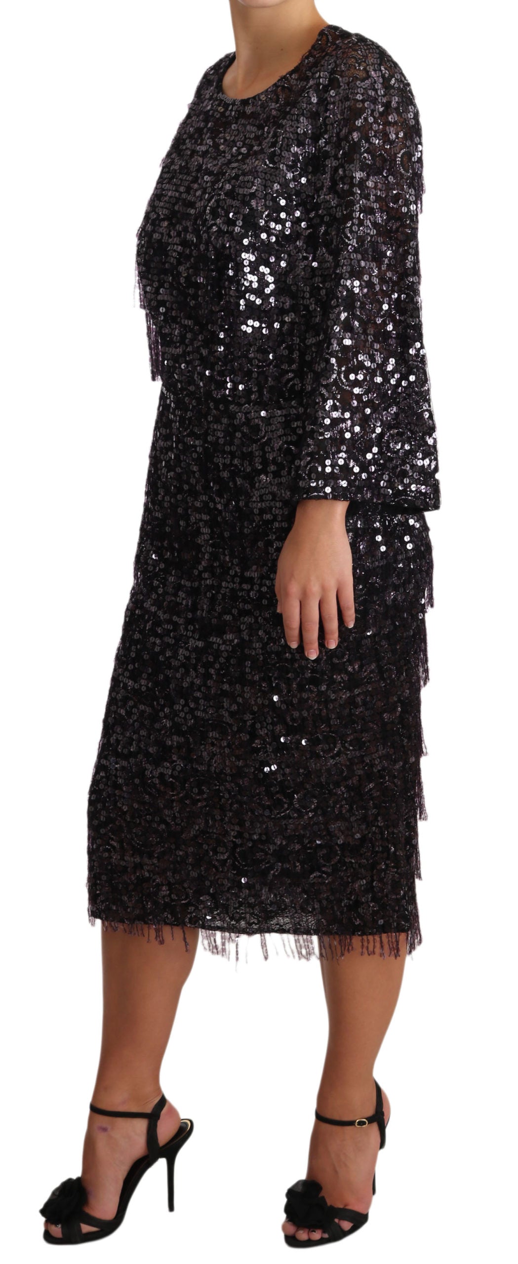 Dolce &amp; Gabbana Black Sequined Long Sleeve Shift Midi Dress women’s dress