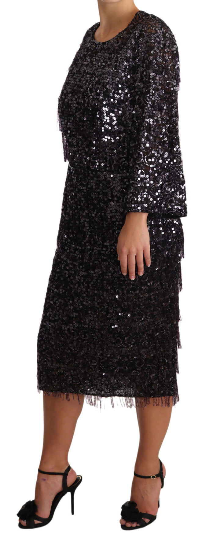 Dolce &amp; Gabbana Black Sequined Long Sleeve Shift Midi Dress women’s dress
