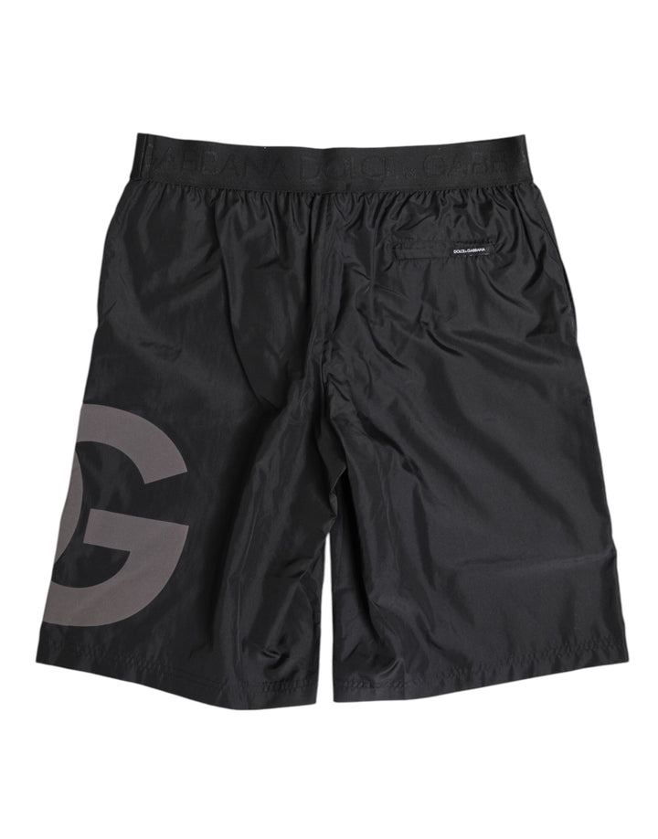 Dolce &amp; Gabbana Black Logo Print Beachwear Men Shorts Swimwear