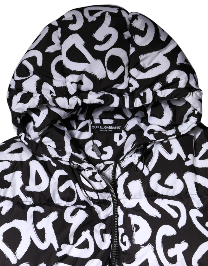 Dolce &amp; Gabbana Black White DG Mania Hooded Long Coat Jacket