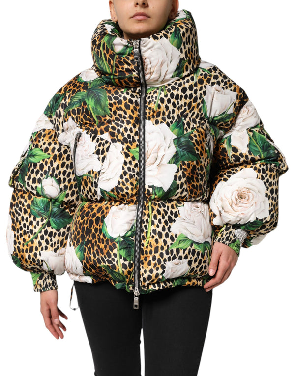 Dolce & Gabbana Puffer Jackets - Multicolor Leopard Rose Quilted Jacket