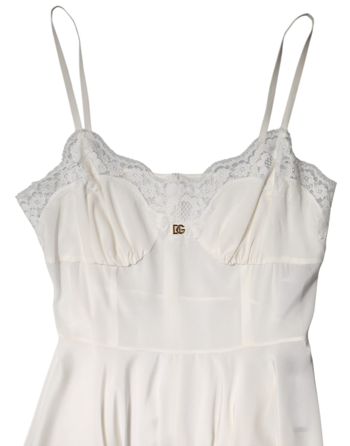 Dolce & Gabbana White Lace Gold DG Logo Silk Dress Sleepwear