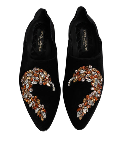 Dolce & Gabbana Black Velvet Embellished Loafer Slip On Shoes