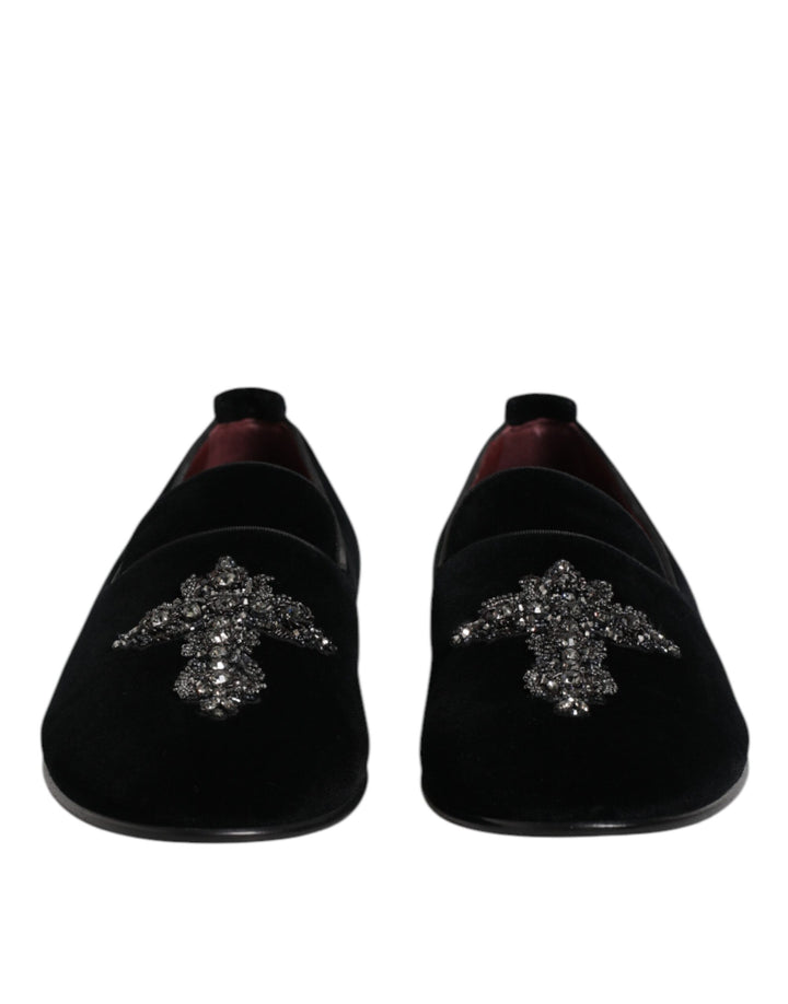 Dolce &amp; Gabbana Black Velvet Embellished Loafer Slip On Shoes