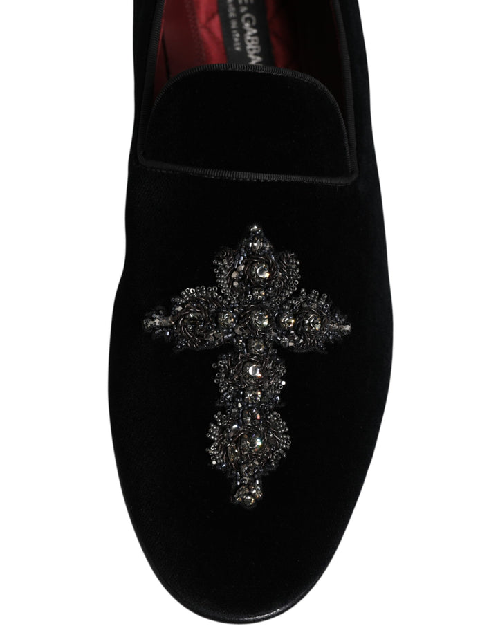 Dolce &amp; Gabbana Black Velvet Embellished Loafer Slip On Shoes