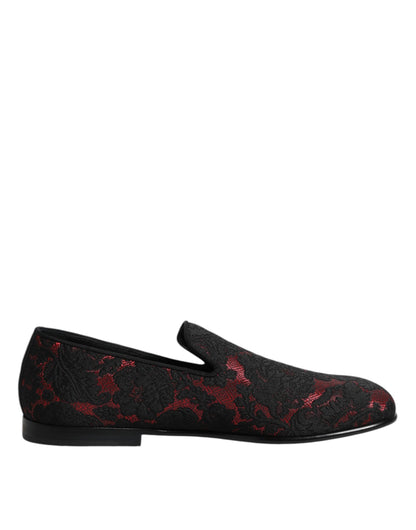 Dolce & Gabbana Red Black Jacquard Slip On Men Loafers Shoes