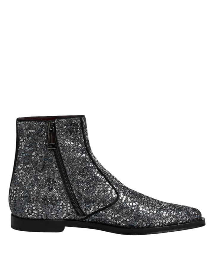 Dolce &amp; Gabbana Dark Gray Cotton Sequined Chelsea Boots Shoes
