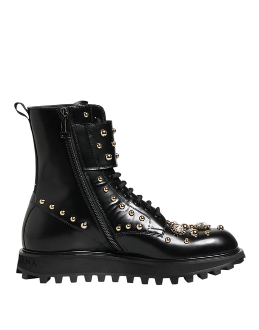 Dolce & Gabbana Black Studded Lace Up Mid Calf Boots Shoes