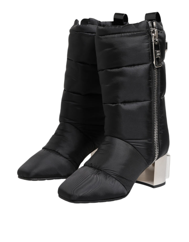Dolce &amp; Gabbana Black Padded Mid Calf Logo Heel Boots Shoes