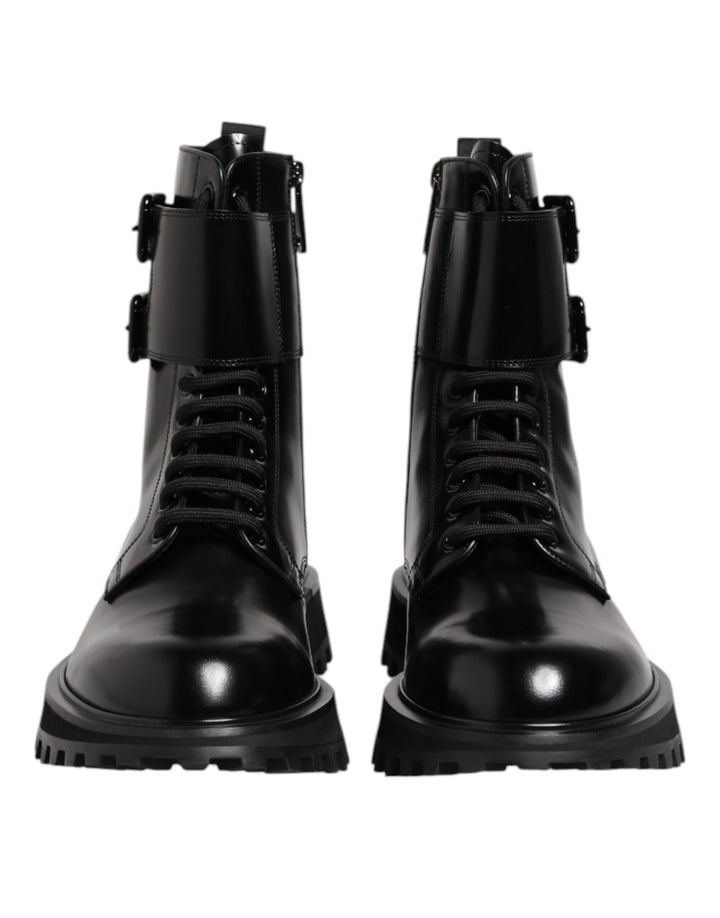 Dolce &amp; Gabbana Black Leather Lace Up Mid Calf Boots Shoes