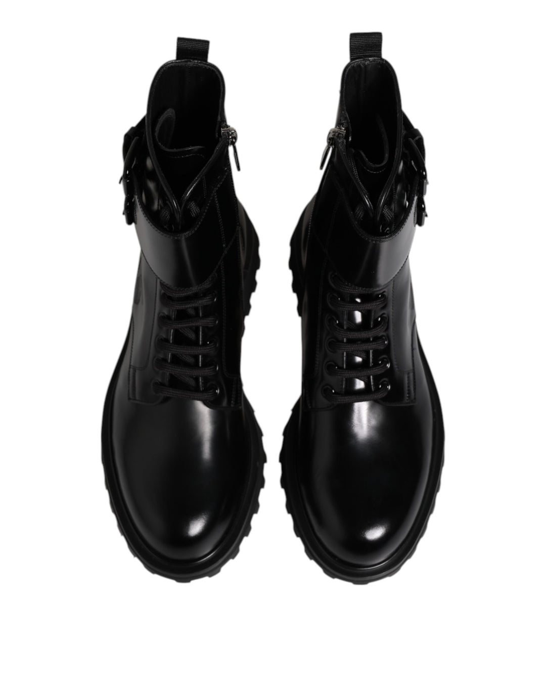 Dolce &amp; Gabbana Black Leather Lace Up Mid Calf Boots Shoes