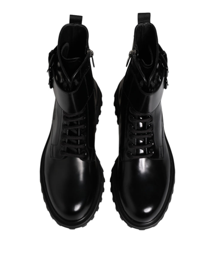 Dolce &amp; Gabbana Black Leather Lace Up Mid Calf Boots Shoes