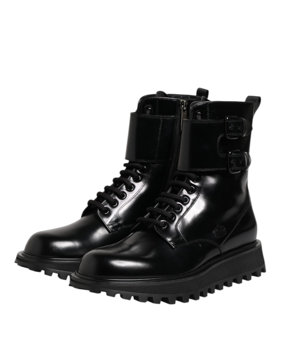 Dolce &amp; Gabbana Black Leather Lace Up Mid Calf Boots Shoes