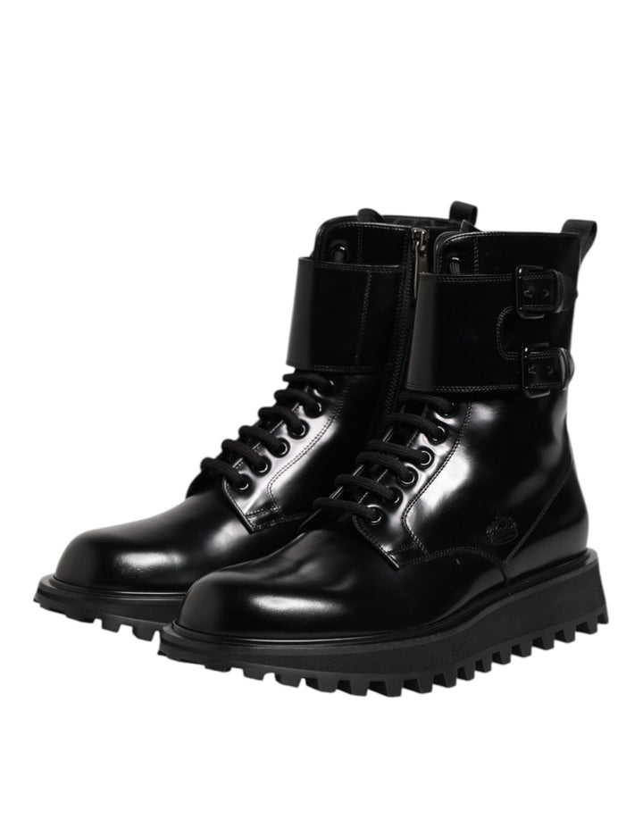 Dolce &amp; Gabbana Black Leather Lace Up Mid Calf Boots Shoes