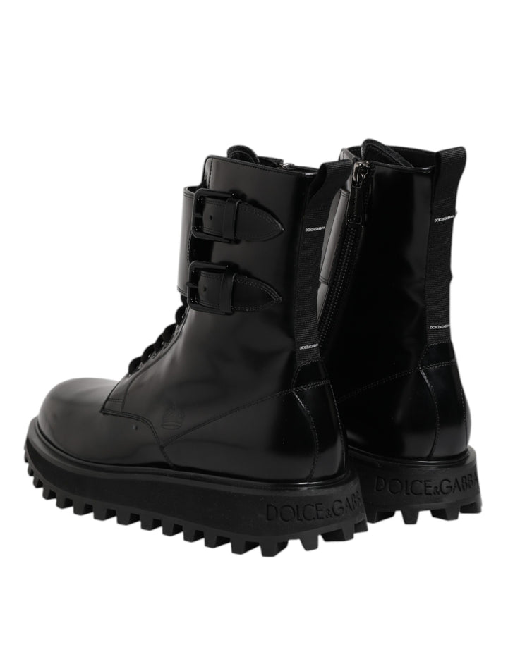 Dolce &amp; Gabbana Black Leather Lace Up Mid Calf Boots Shoes