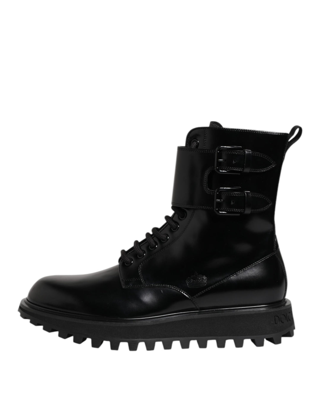 Dolce &amp; Gabbana Black Leather Lace Up Mid Calf Boots Shoes