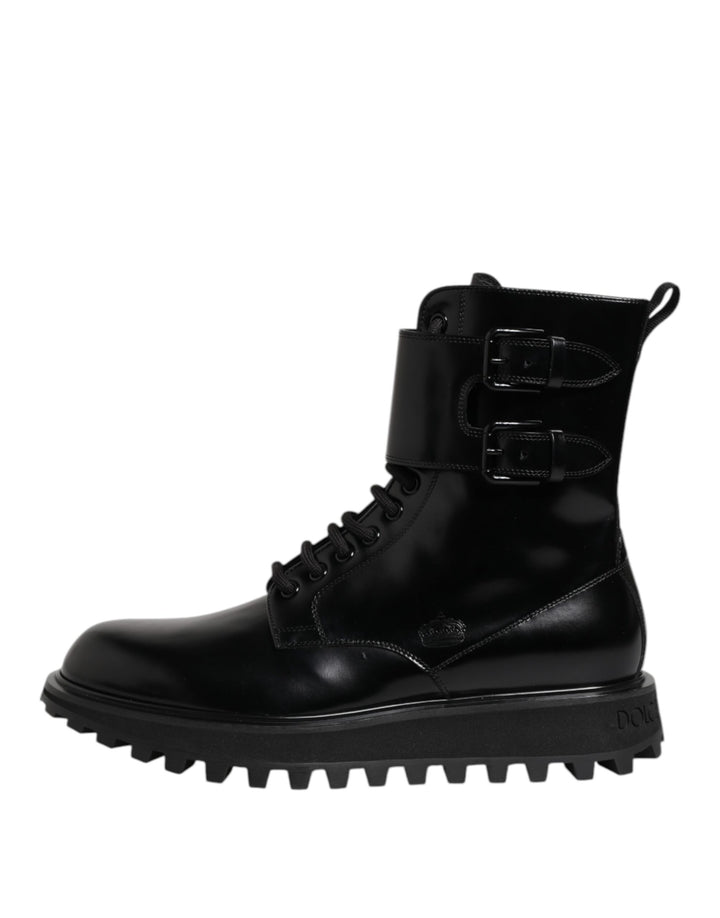 Dolce &amp; Gabbana Black Leather Lace Up Mid Calf Boots Shoes