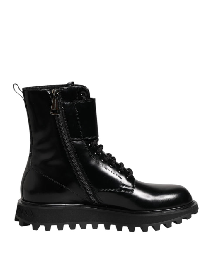 Dolce &amp; Gabbana Black Leather Lace Up Mid Calf Boots Shoes