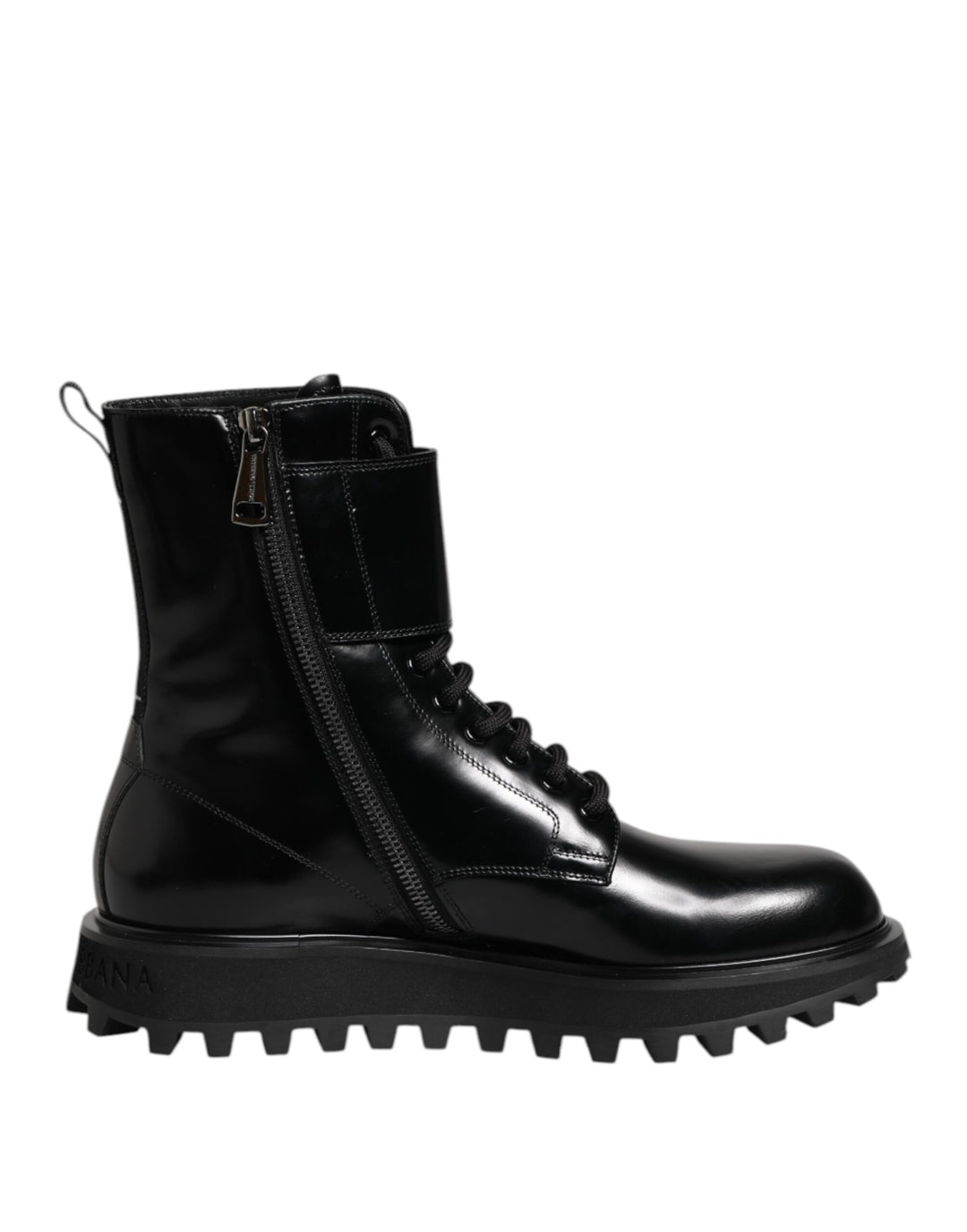 Dolce &amp; Gabbana Black Leather Lace Up Mid Calf Boots Shoes