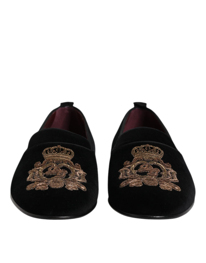 Dolce &amp; Gabbana Black Velvet Gold Crown Mens Loafers Shoes