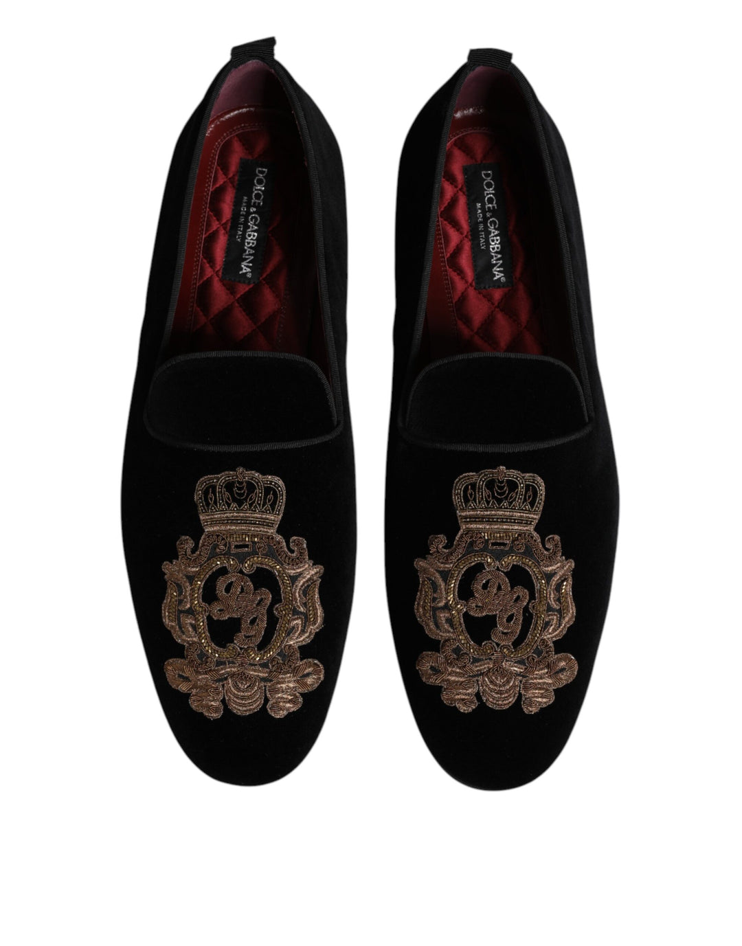 Dolce &amp; Gabbana Black Velvet Gold Crown Mens Loafers Shoes